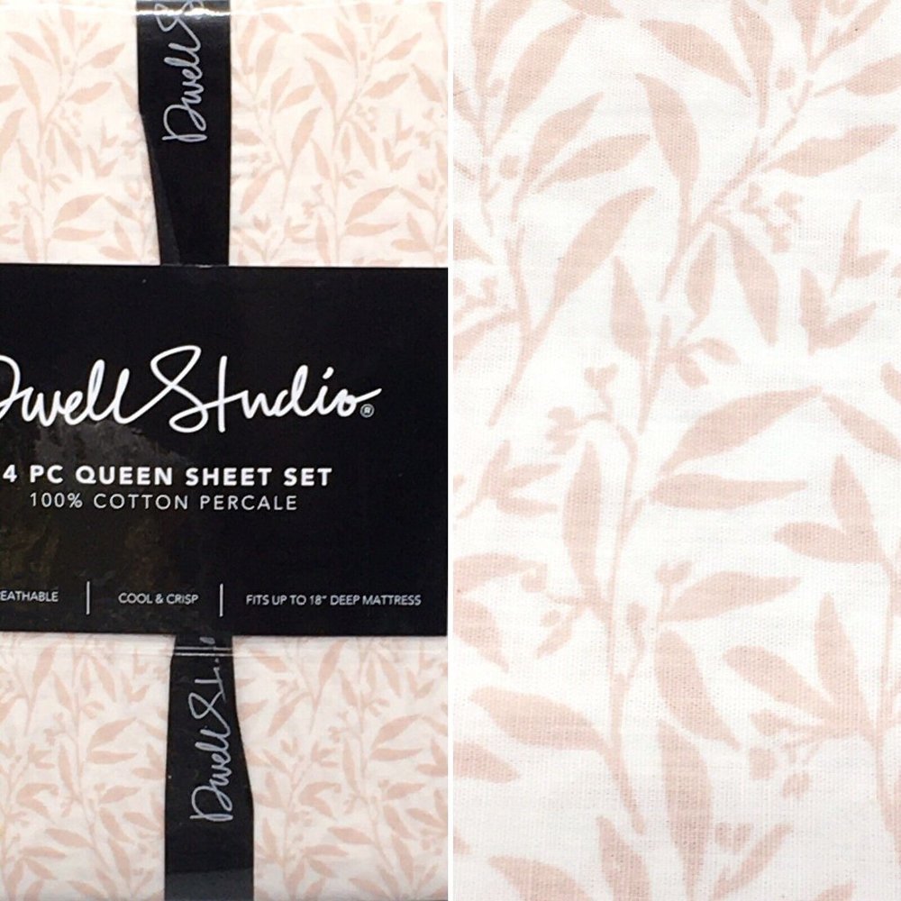 4pc Dwell Studio Botanical QUEEN Sheet Set Leaf Dusty Pink White Cotton Percale